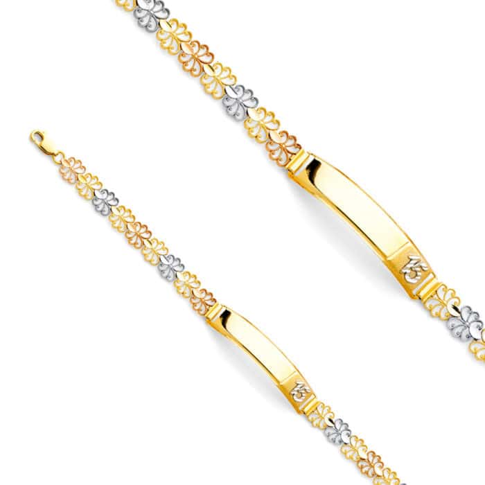 14K Tri Color Gold Flower ID Bracelet - 7.25" - Image 2