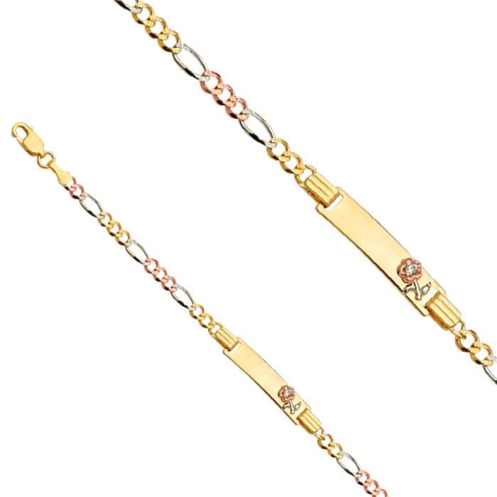 14K Tri Color Gold Figaro 3+1 Flower Baby ID Bracelet - 6" - Image 2
