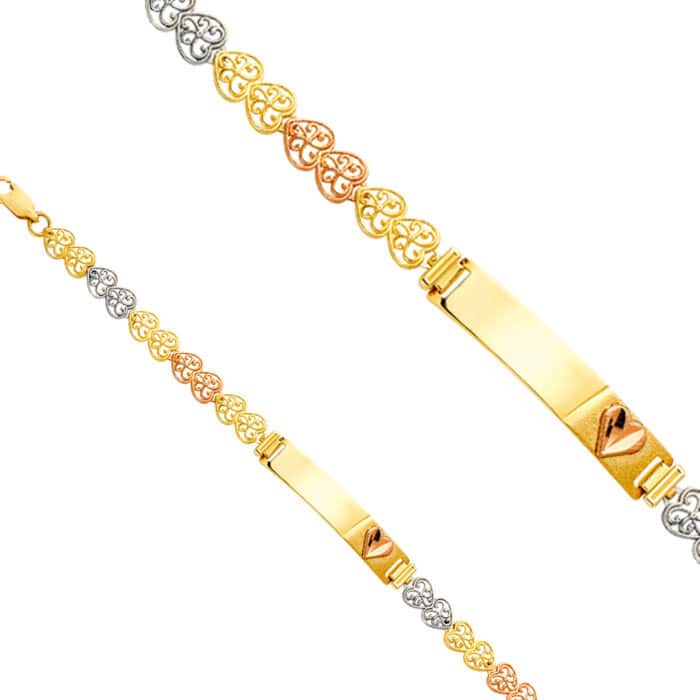 14K Tri Color Gold Heart Link Heart Baby ID Bracelet - 6" - Image 2