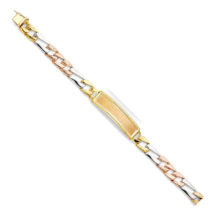 14K Tri Color Gold Stamp Figaro Link ID Bracelet - 8"