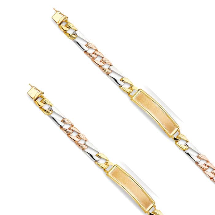 14K Tri Color Gold Stamp Figaro Link ID Bracelet - 8" - Image 2