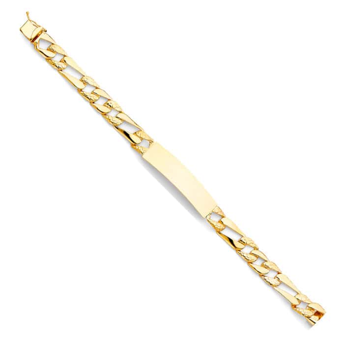 14K Yellow Gold Stamp Nugget Figaro Link ID Bracelet - 8"