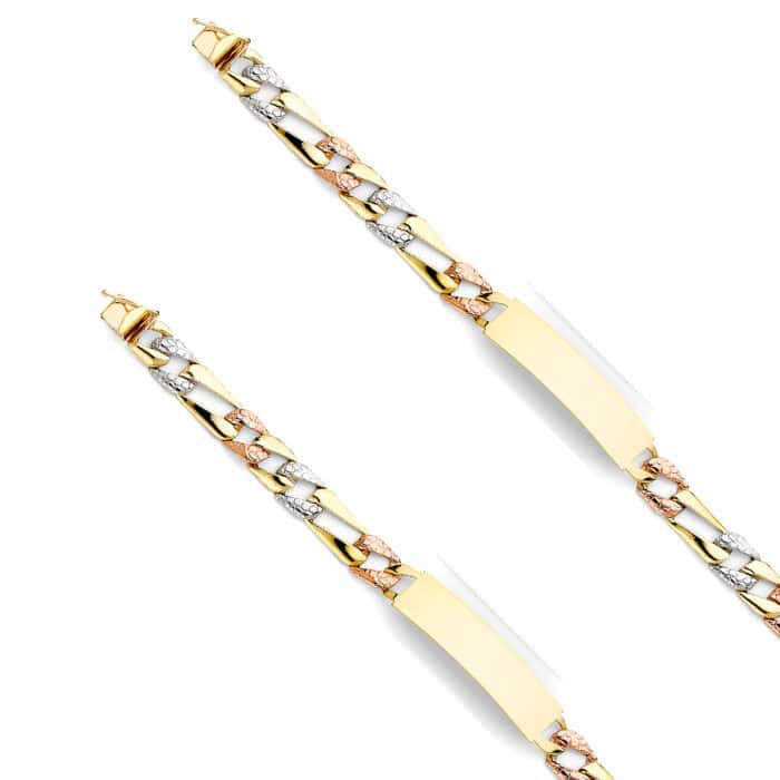 14K Tri Color Gold Stamp Figaro Link ID Bracelet - 8" - Image 2