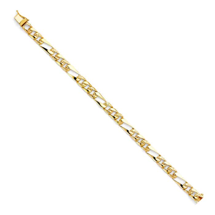 14K Yellow Gold Stamp Nugget Figaro Link Bracelet - 7"