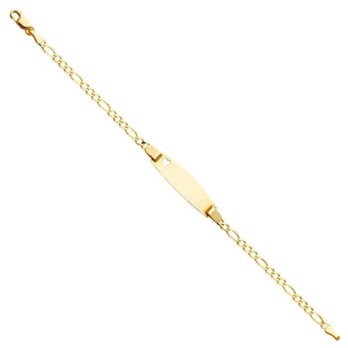 14K Yellow Gold Figaro 3+1 Baby Oval ID with Heart Bracelet - 6"