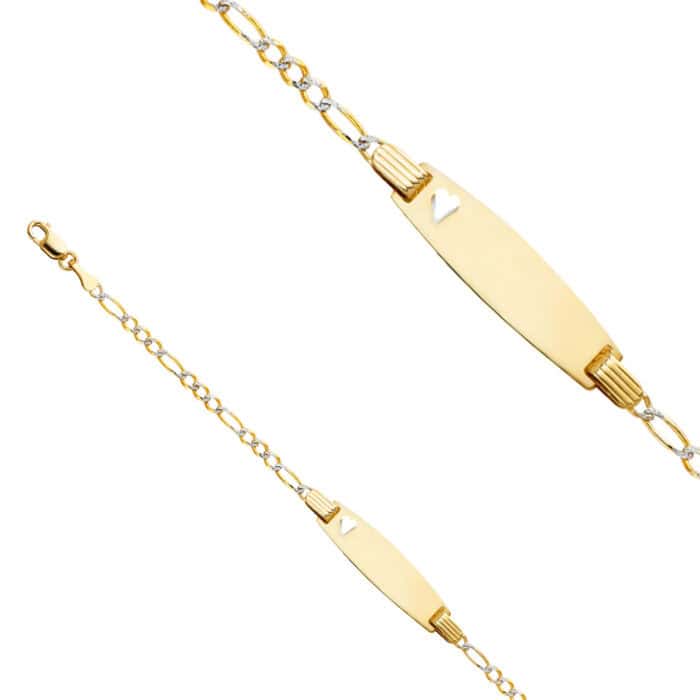 14K Two Tone Gold Figaro 3+1 WP Baby Oval ID with Heart Bracelet - 6" - Image 2