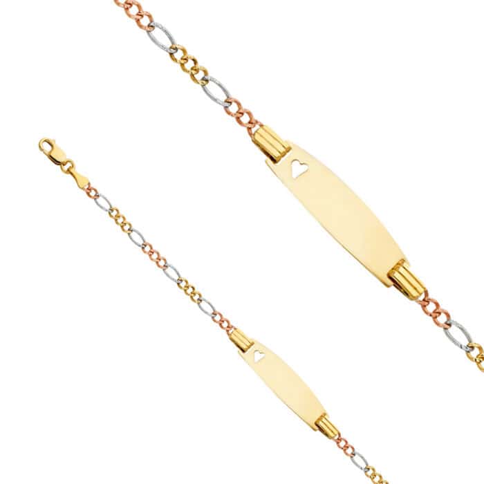 14K Tri Color Gold Figaro 3+1 Baby Oval ID with Heart Bracelet - 6" - Image 2