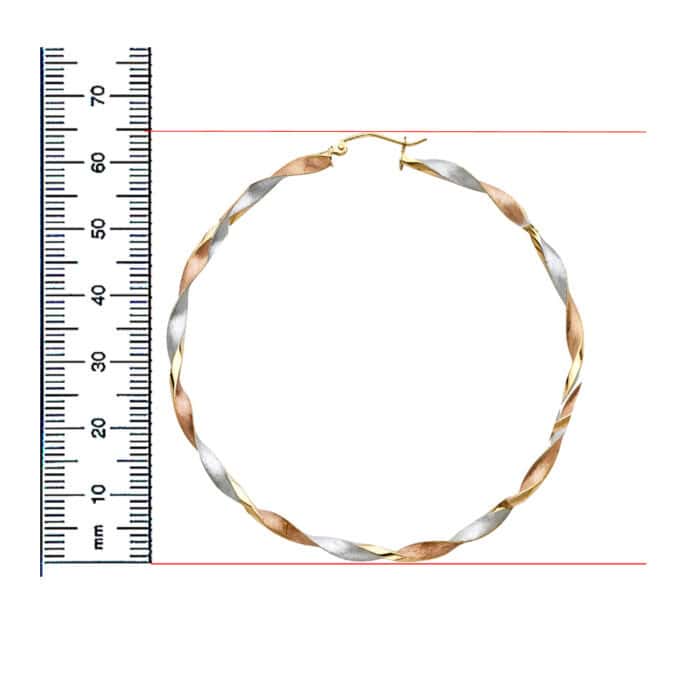14K Tri Color Gold Curled Hollow Hoop Earrings - Image 3