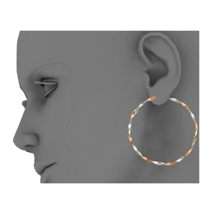 14K Tri Color Gold Curled Hollow Hoop Earrings - Image 2