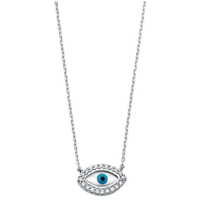 14K White Gold Cubic Zirconia Evil Eye Necklace - 17+1"