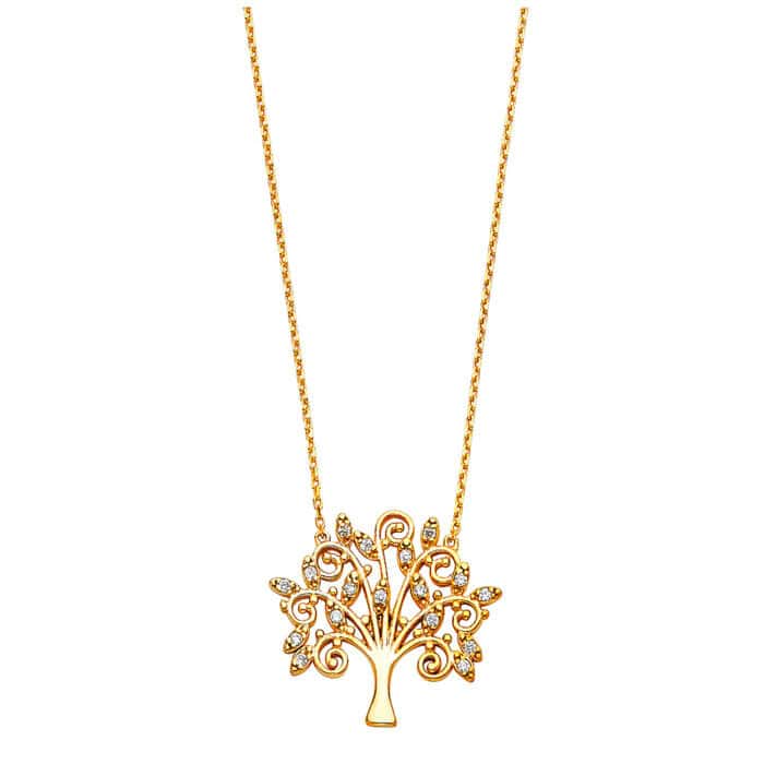 14K Yellow Gold Cubic Zirconia Magic Tree Necklace - 17+1"