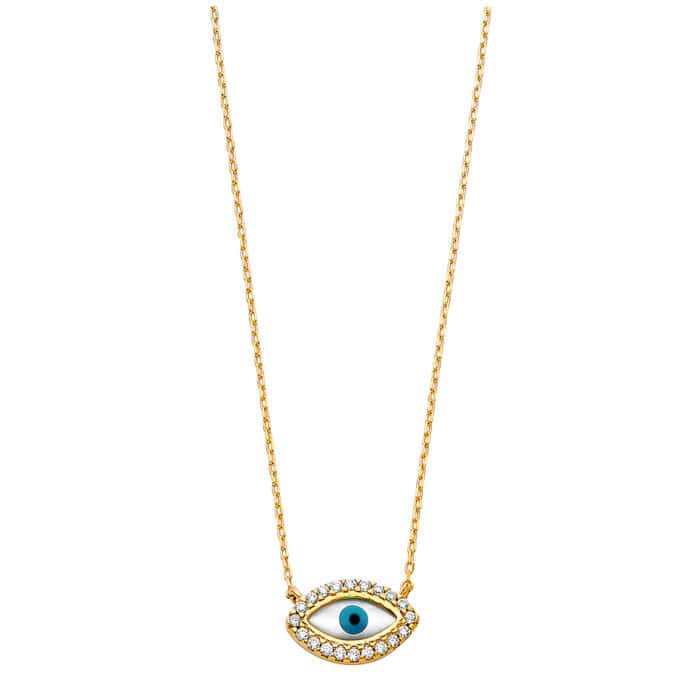14K Yellow Gold Cubic Zirconia Evil Eye Necklace - 17+1"