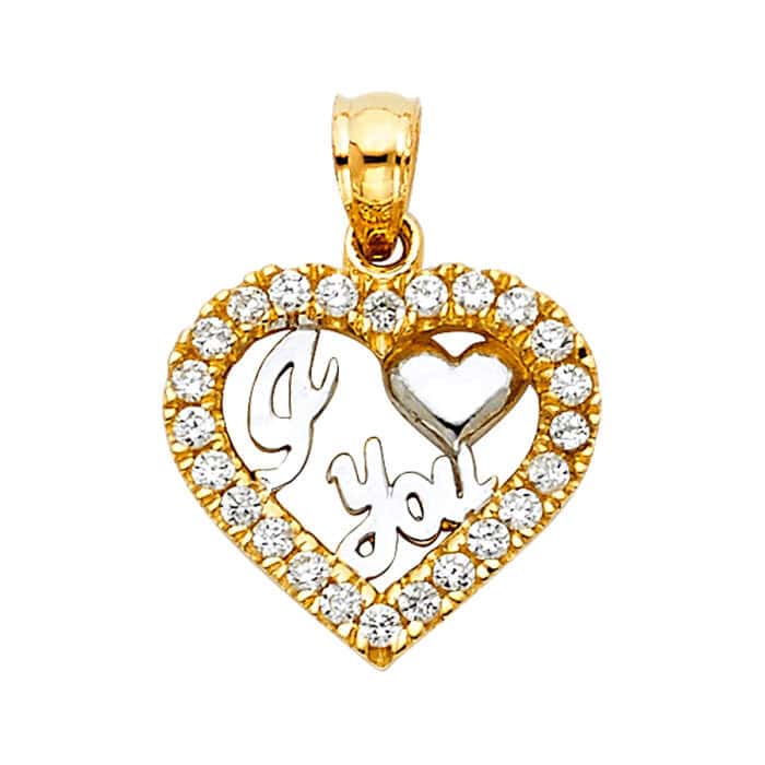 14K Yellow Gold Cubic Zirconia I Love You Heart Pendant