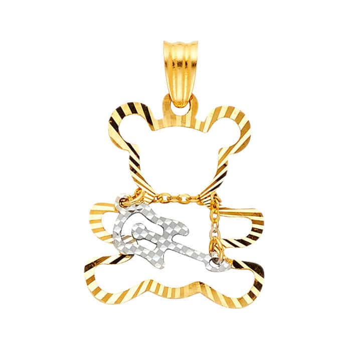 14K Two Tone Gold Playing Guitar Bear Pendant
