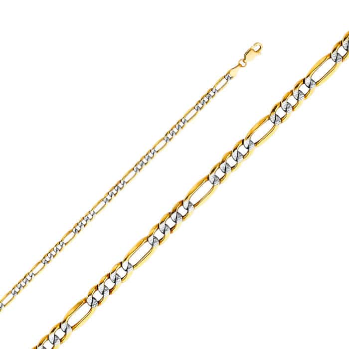 14K Two Tone Gold  4.4 mm  Hollow Figaro 3+1 WP Chain