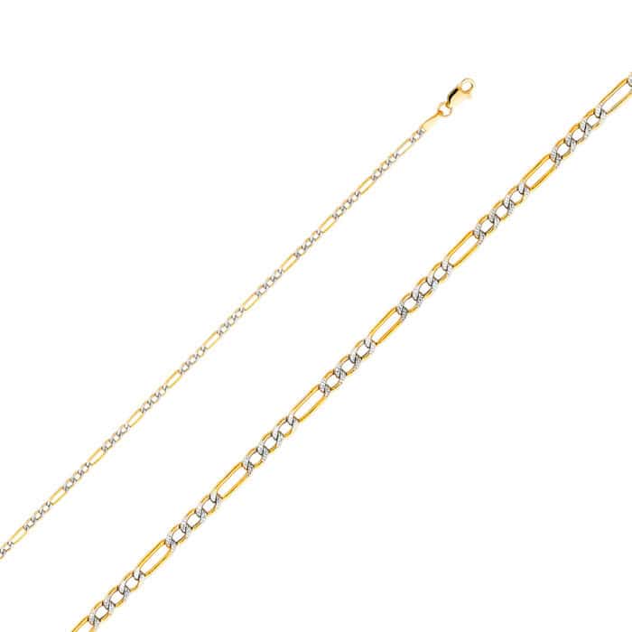 14K Two Tone Gold  2.5 mm  Hollow Figaro 3+1 WP Chain