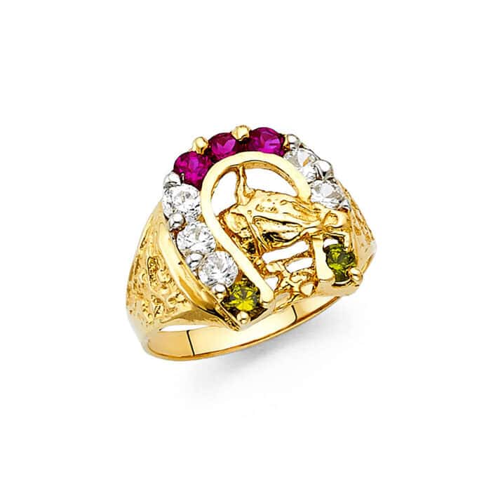 14K Yellow Gold Cubic Zirconia Lucky Horseshoe Men's Ring
