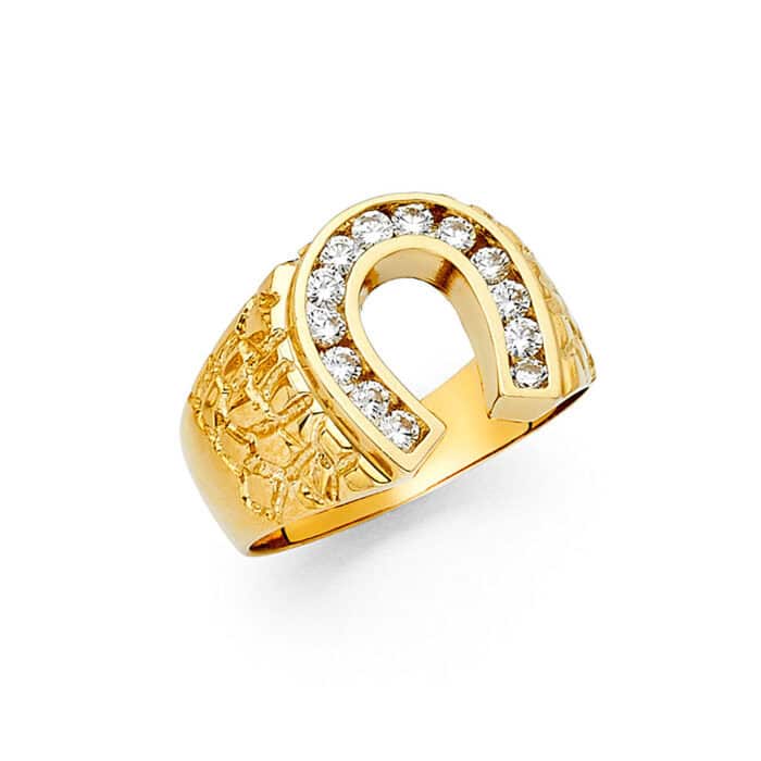 14K Tri Color Gold Horse Shoe Men's Cubic Zirconia Ring w/Guadalupe