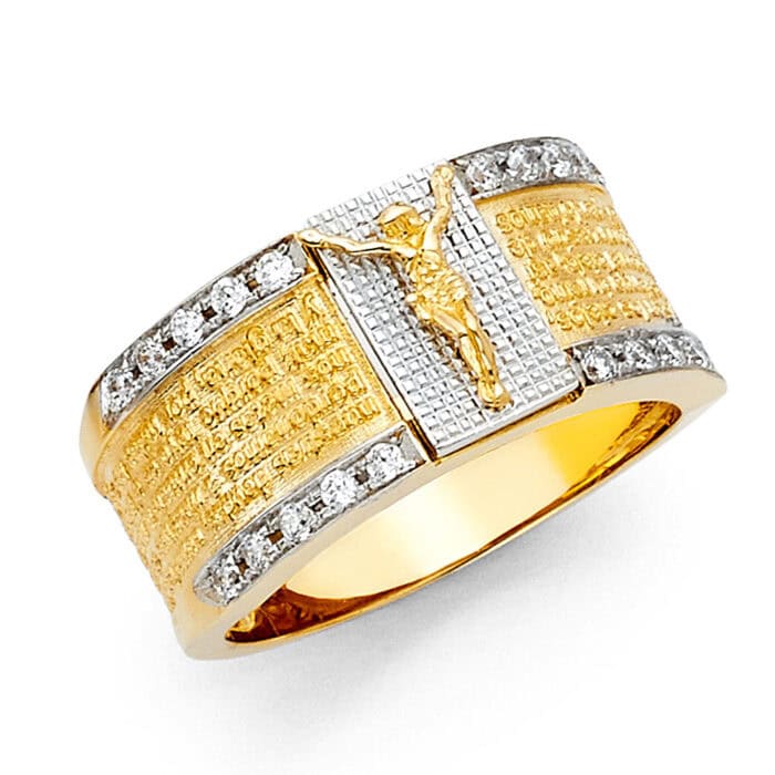14K Two Tone Gold Cubic Zirconia Religious Men's Ring