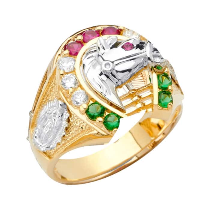 14K Two Tone Gold Horse Shoe Men's Cubic Zirconia Ring