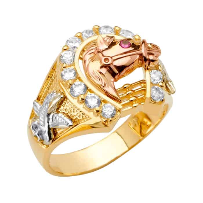 14K Tri Color Gold Horse Shoe Men's Cubic Zirconia Ring