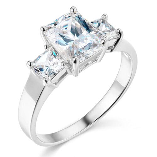 14K White Gold Cubic Zirconia Emerald Stone Shape Rectangular Engagement Ring