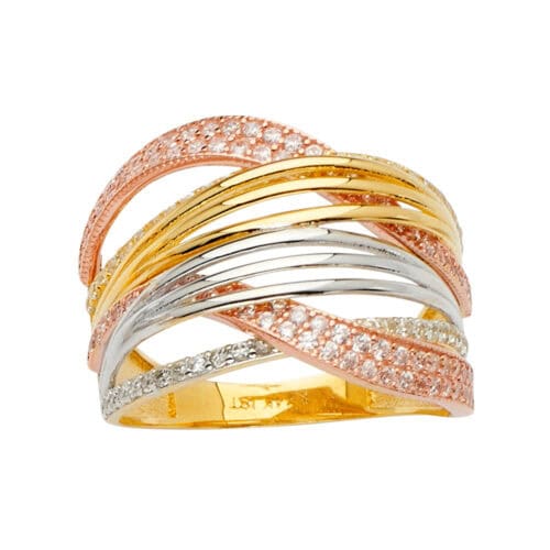 14K Tri Color Gold Multi Line MP Cubic Zirconia Ring
