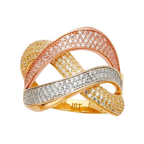 14K Tri Color Gold Multi Line MP Cubic Zirconia Ring