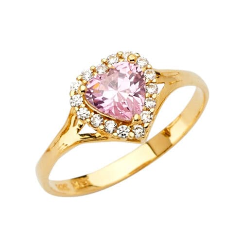 14K Yellow Gold Pink Heart Cubic Zirconia Engagement Ring