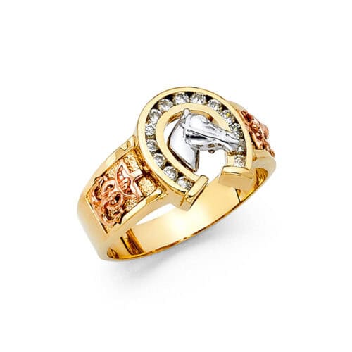 14K Tri Color Gold Cubic Zirconia Lucky Horseshoe Men's Ring