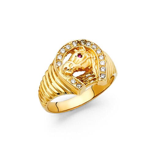 14K Yellow Gold Cubic Zirconia Lucky Horseshoe Men's Ring