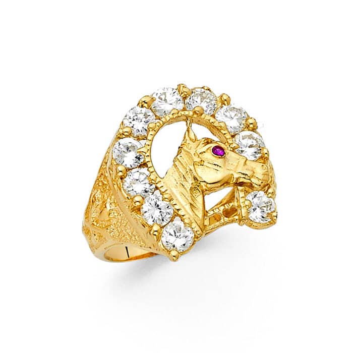 14K Yellow Gold Cubic Zirconia Lucky Horseshoe Men's Ring