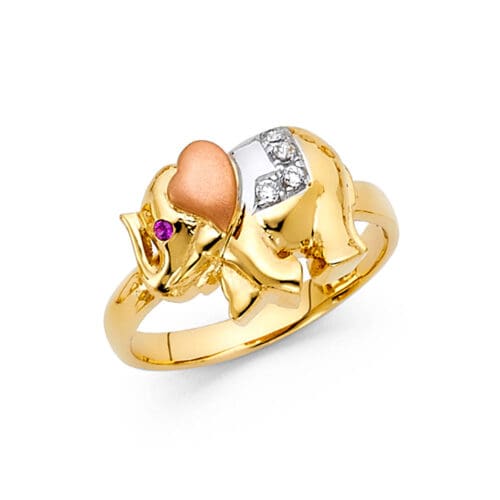 14K Tri Color Gold Cubic Zirconia Fancy Elephant Ring