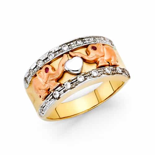14K Tri Color Gold Cubic Zirconia Fancy Elephant Ring