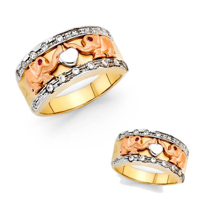 14K Tri Color Gold Cubic Zirconia Fancy Elephant Ring - Image 3