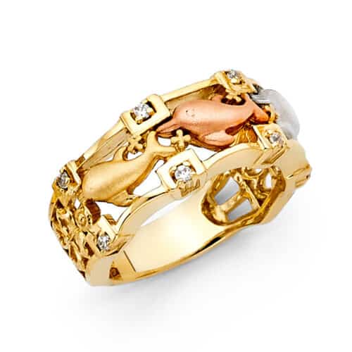 14K Tri Color Gold Cubic Zirconia Fancy Dolphin Ring