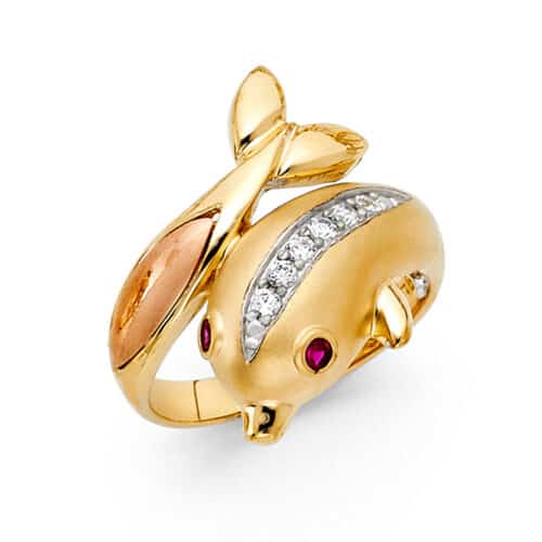14K Two Tone Gold Cubic Zirconia Fancy Dolphin Ring