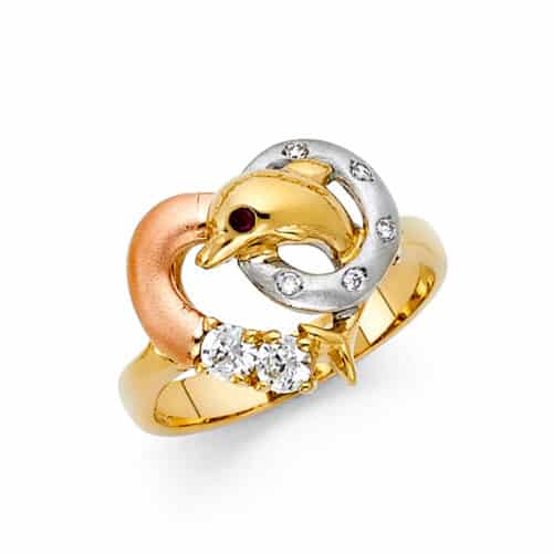 14K Tri Color Gold Cubic Zirconia Fancy Dolphin Ring
