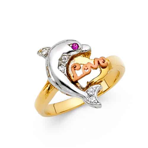 14K Tri Color Gold Cubic Zirconia Fancy Dolphin Ring