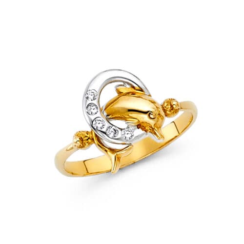 14K Tri Color Gold Cubic Zirconia Fancy Dolphin Ring