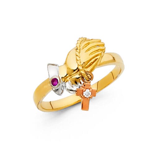 14K Tri Color Gold Cubic Zirconia Crucifix Ring