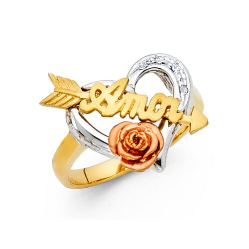 14K Tri Color Gold Cubic Zirconia Amor Ring