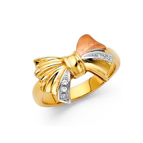 14K Tri Color Gold Cubic Zirconia Ribbon Ring