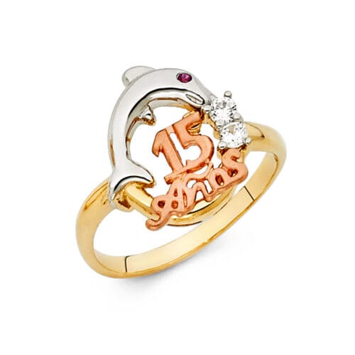 14K Tri Color Gold Cubic Zirconia 15 Years Ring