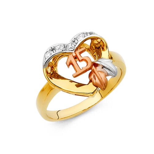 14K Tri Color Cubic Zirconia 15 Years Ring