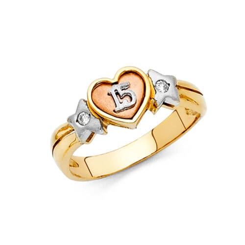 14K Tri Color Gold Cubic Zirconia 15 Years Ring