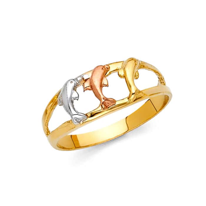 14K Tri Color Gold Fancy Dolphin Ring