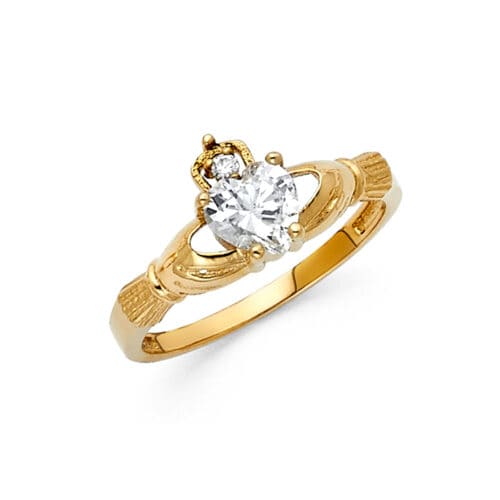 14K Yellow Gold Cubic Zirconia Claddagh Ring