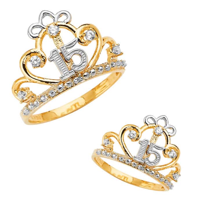 14K Two Tone Gold 15 Years Crown Cubic Zirconia Ring - Image 3