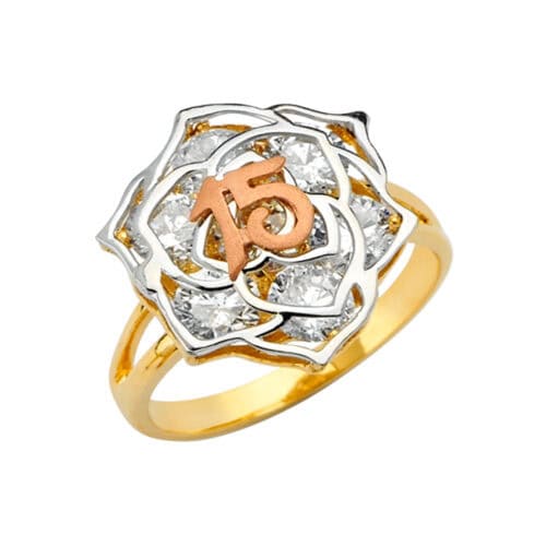 14K Tri Color Gold Cubic Zirconia 15 Years Ring